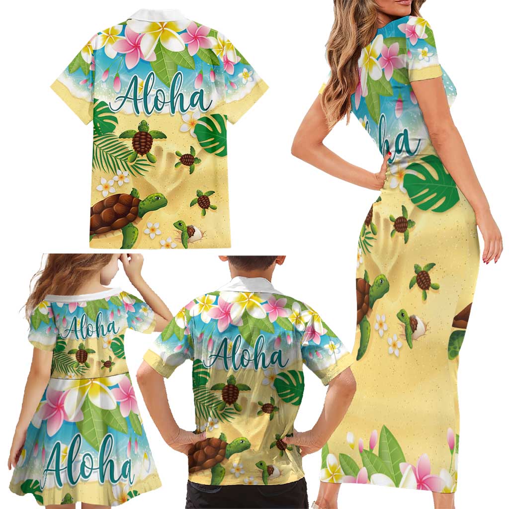 Aloha Turtle Family on The Beach Family Matching Short Sleeve Bodycon Dress and Hawaiian Shirt with Hawaiian Colorful Plumeria LT03 - Polynesian Pride