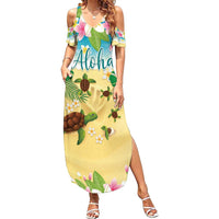 Aloha Turtle Family on The Beach Family Matching Summer Maxi Dress and Hawaiian Shirt with Hawaiian Colorful Plumeria LT03 Mom's Dress Beige - Polynesian Pride