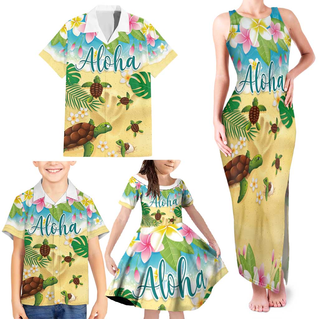 Aloha Turtle Family on The Beach Family Matching Tank Maxi Dress and Hawaiian Shirt with Hawaiian Colorful Plumeria LT03 - Polynesian Pride