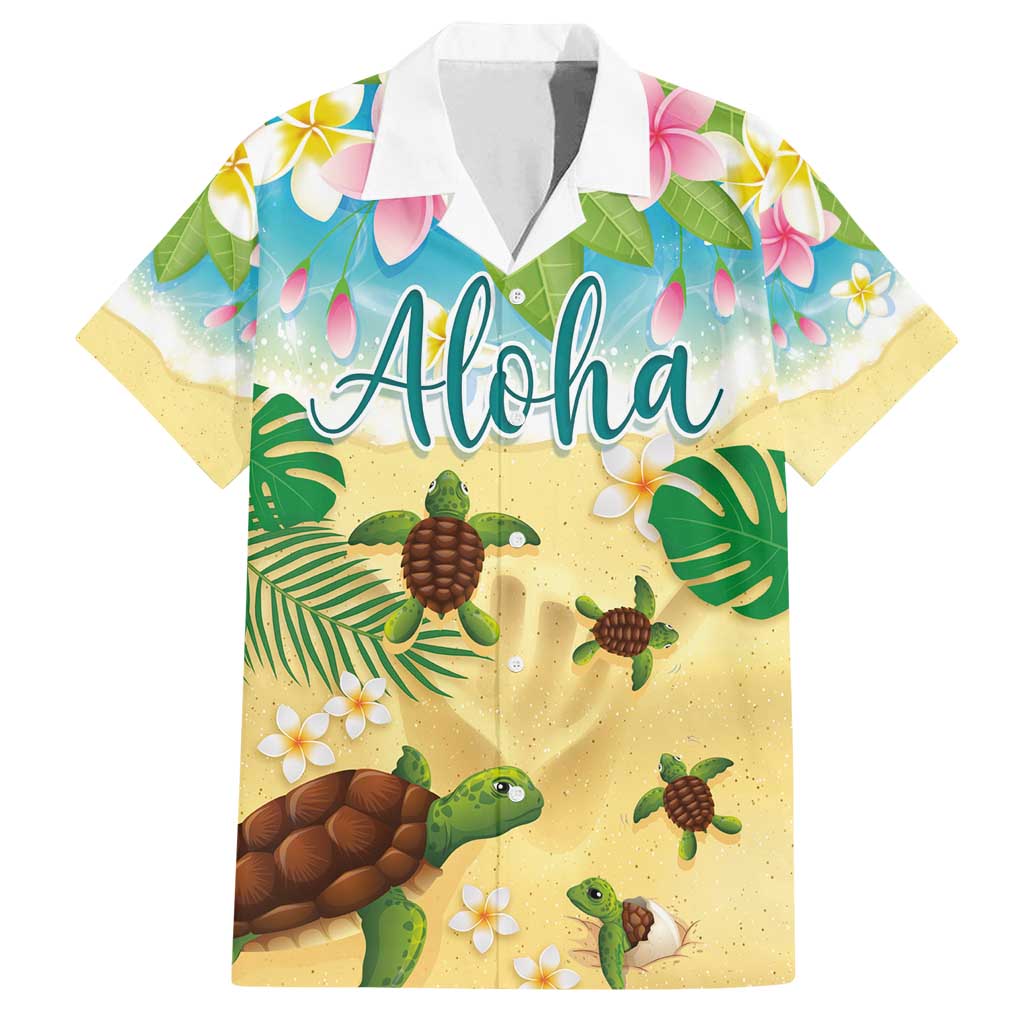 Aloha Turtle Family on The Beach Family Matching Tank Maxi Dress and Hawaiian Shirt with Hawaiian Colorful Plumeria LT03 Dad's Shirt - Short Sleeve Beige - Polynesian Pride