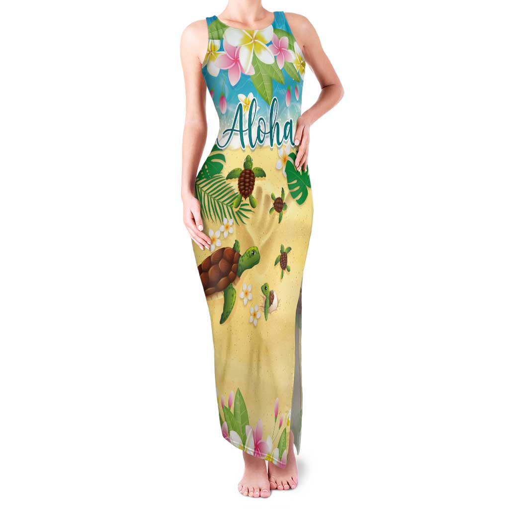 Aloha Turtle Family on The Beach Family Matching Tank Maxi Dress and Hawaiian Shirt with Hawaiian Colorful Plumeria LT03 Mom's Dress Beige - Polynesian Pride