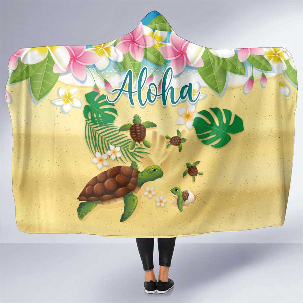 Aloha Turtle Family on The Beach Hooded Blanket with Hawaiian Colorful Plumeria LT03 One Size Beige - Polynesian Pride