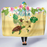 Aloha Turtle Family on The Beach Hooded Blanket with Hawaiian Colorful Plumeria LT03 One Size Beige - Polynesian Pride