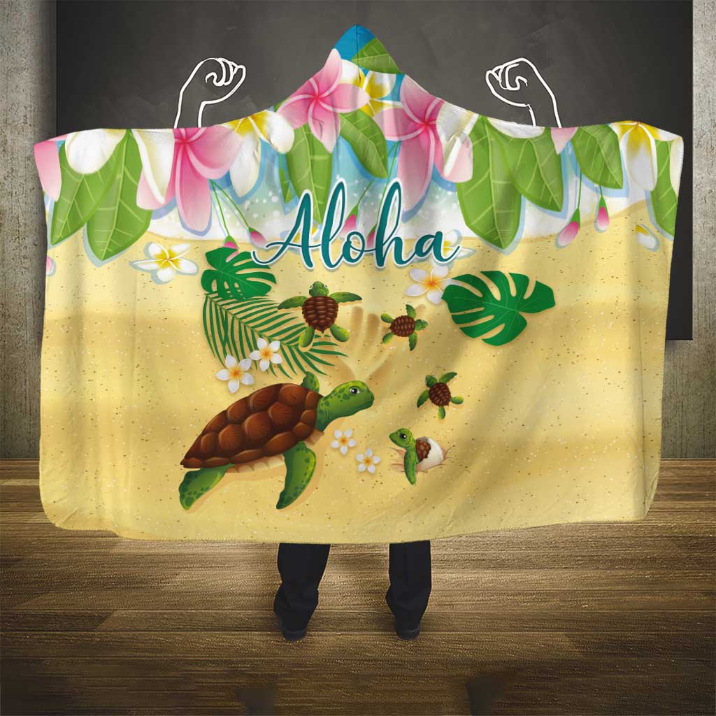 Aloha Turtle Family on The Beach Hooded Blanket with Hawaiian Colorful Plumeria LT03 - Polynesian Pride