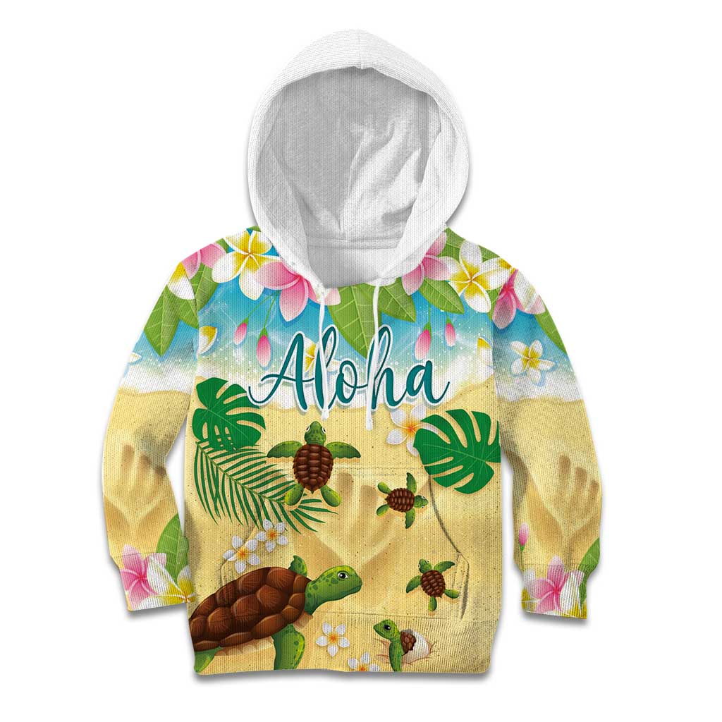 Aloha Turtle Family on The Beach Kid Hoodie with Hawaiian Colorful Plumeria LT03 Hoodie Beige - Polynesian Pride