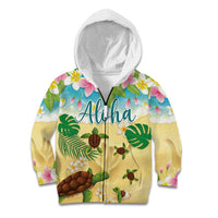Aloha Turtle Family on The Beach Kid Hoodie with Hawaiian Colorful Plumeria LT03 Zip Hoodie Beige - Polynesian Pride