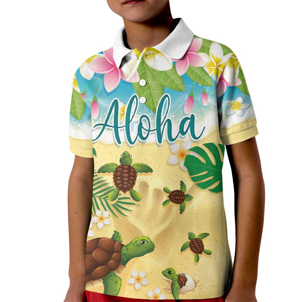 Aloha Turtle Family on The Beach Kid Polo Shirt with Hawaiian Colorful Plumeria LT03 Kid Beige - Polynesian Pride