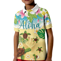 Aloha Turtle Family on The Beach Kid Polo Shirt with Hawaiian Colorful Plumeria LT03 Kid Beige - Polynesian Pride