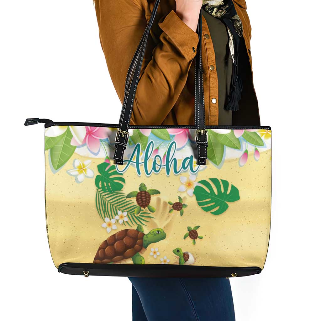 Aloha Turtle Family on The Beach Leather Tote Bag with Hawaiian Colorful Plumeria LT03 - Polynesian Pride