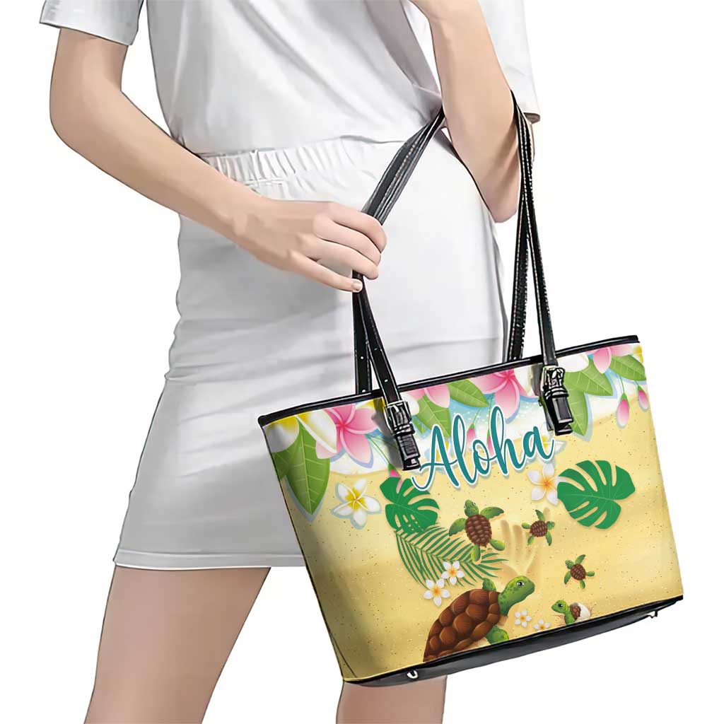 Aloha Turtle Family on The Beach Leather Tote Bag with Hawaiian Colorful Plumeria LT03 - Polynesian Pride