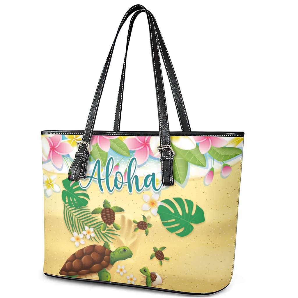 Aloha Turtle Family on The Beach Leather Tote Bag with Hawaiian Colorful Plumeria LT03 - Polynesian Pride