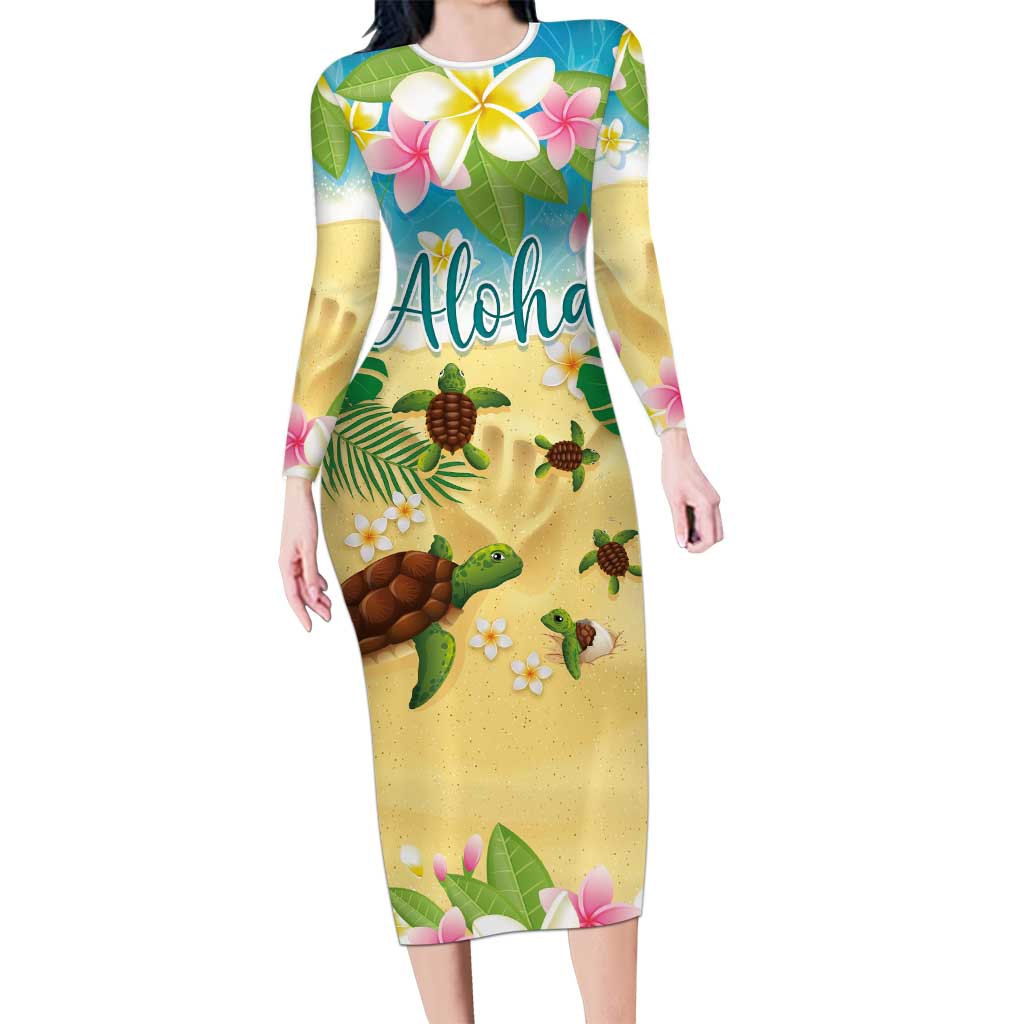 Aloha Turtle Family on The Beach Long Sleeve Bodycon Dress with Hawaiian Colorful Plumeria LT03 Long Dress Beige - Polynesian Pride