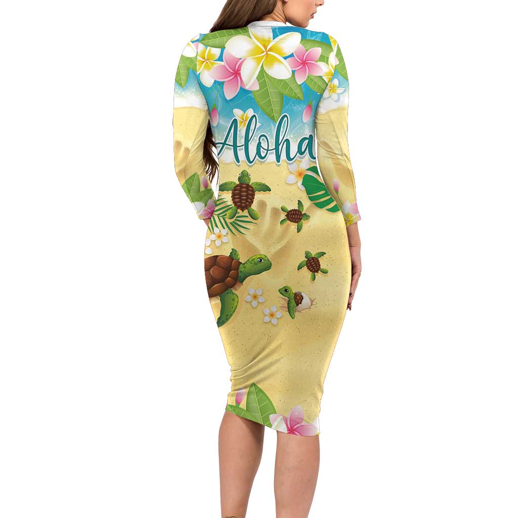 Aloha Turtle Family on The Beach Long Sleeve Bodycon Dress with Hawaiian Colorful Plumeria LT03 - Polynesian Pride