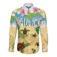Aloha Turtle Family on The Beach Long Sleeve Button Shirt with Hawaiian Colorful Plumeria LT03 Unisex Beige - Polynesian Pride