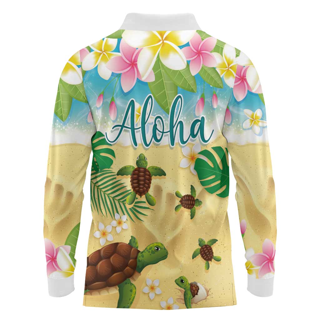 Aloha Turtle Family on The Beach Long Sleeve Polo Shirt with Hawaiian Colorful Plumeria LT03 - Polynesian Pride