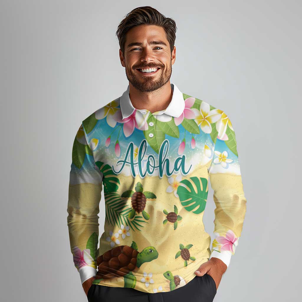 Aloha Turtle Family on The Beach Long Sleeve Polo Shirt with Hawaiian Colorful Plumeria LT03 - Polynesian Pride