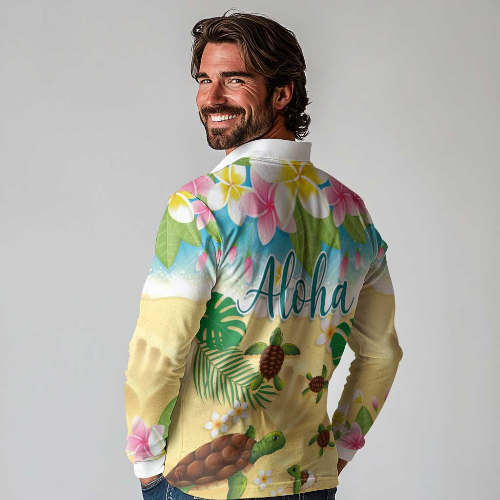 Aloha Turtle Family on The Beach Long Sleeve Polo Shirt with Hawaiian Colorful Plumeria LT03 - Polynesian Pride