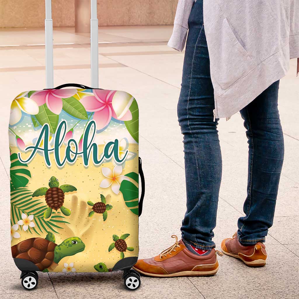 Aloha Turtle Family on The Beach Luggage Cover with Hawaiian Colorful Plumeria LT03 Beige - Polynesian Pride