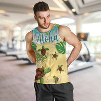 Aloha Turtle Family on The Beach Men Tank Top with Hawaiian Colorful Plumeria LT03 Beige - Polynesian Pride