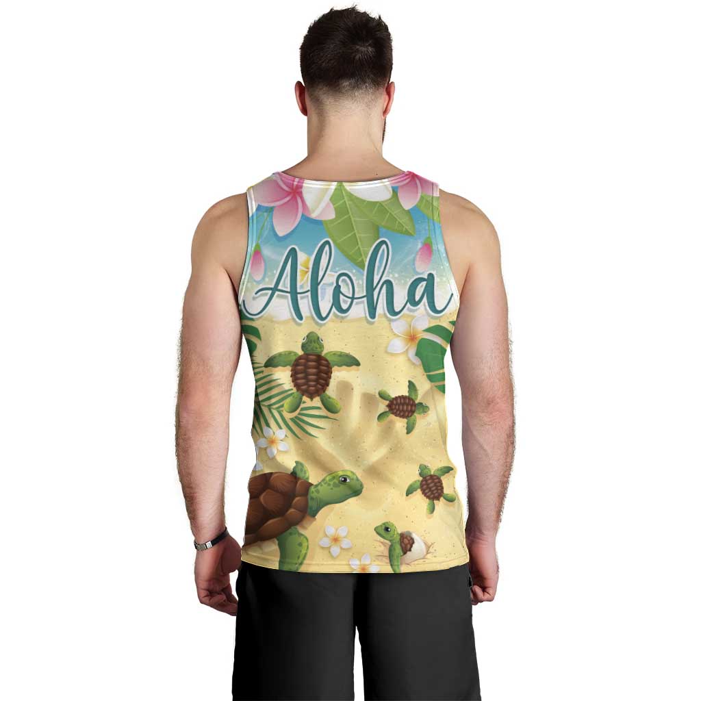 Aloha Turtle Family on The Beach Men Tank Top with Hawaiian Colorful Plumeria LT03 - Polynesian Pride