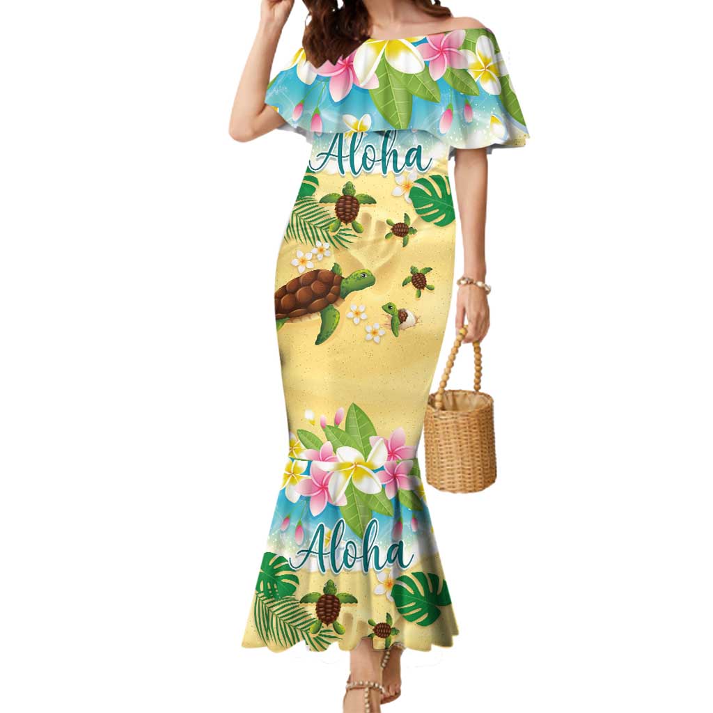 Aloha Turtle Family on The Beach Mermaid Dress with Hawaiian Colorful Plumeria LT03 Women Beige - Polynesian Pride