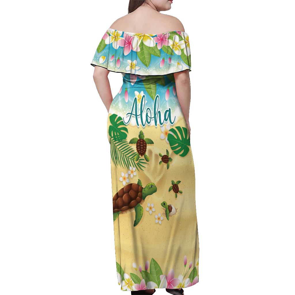 Aloha Turtle Family on The Beach Off Shoulder Maxi Dress with Hawaiian Colorful Plumeria LT03 - Polynesian Pride