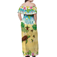 Aloha Turtle Family on The Beach Off Shoulder Maxi Dress with Hawaiian Colorful Plumeria LT03 - Polynesian Pride