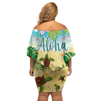 Aloha Turtle Family on The Beach Off Shoulder Short Dress with Hawaiian Colorful Plumeria LT03 - Polynesian Pride