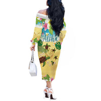 Aloha Turtle Family on The Beach Off The Shoulder Long Sleeve Dress with Hawaiian Colorful Plumeria LT03 - Polynesian Pride