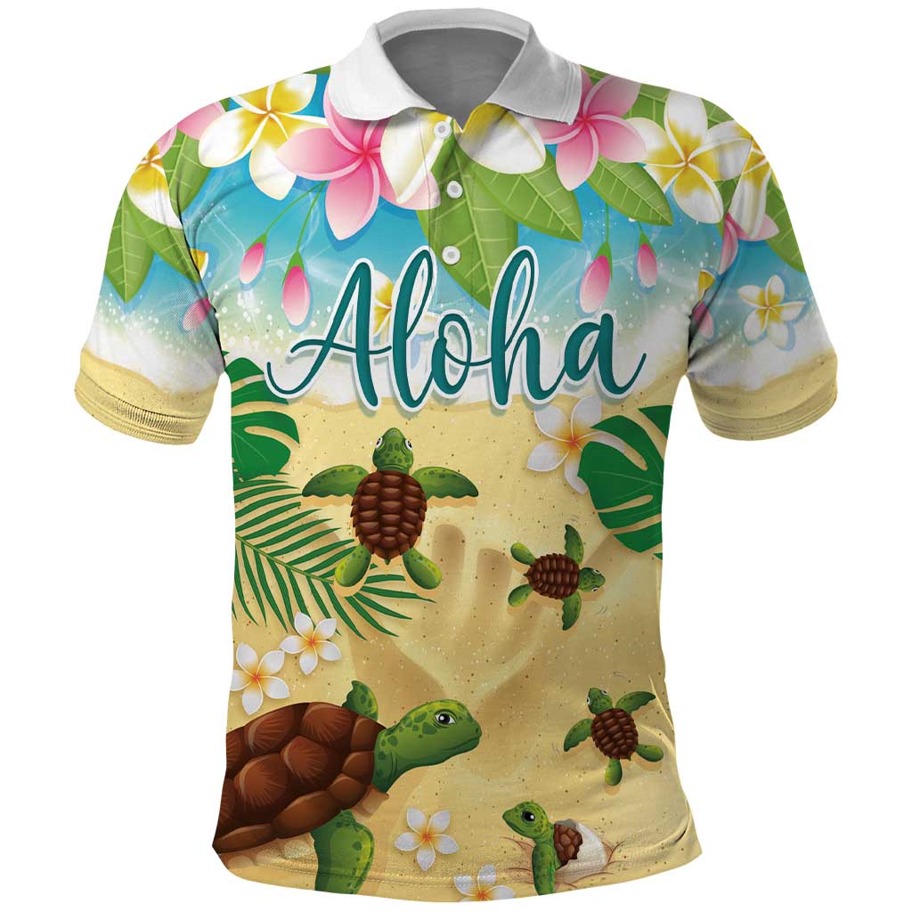 Aloha Turtle Family on The Beach Polo Shirt with Hawaiian Colorful Plumeria LT03 Beige - Polynesian Pride