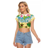 Aloha Turtle Family on The Beach Raglan Cropped T Shirt with Hawaiian Colorful Plumeria LT03 Female Beige - Polynesian Pride