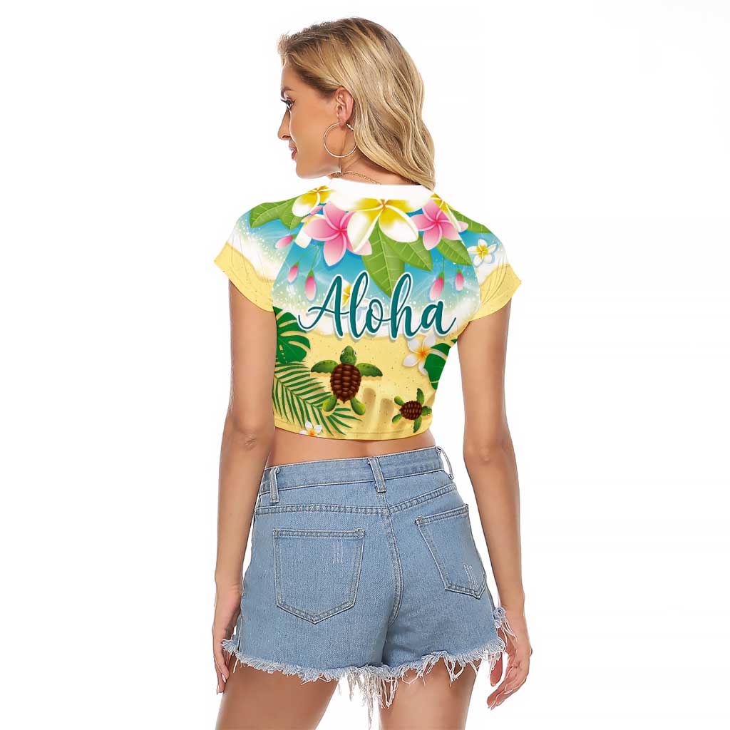 Aloha Turtle Family on The Beach Raglan Cropped T Shirt with Hawaiian Colorful Plumeria LT03 - Polynesian Pride