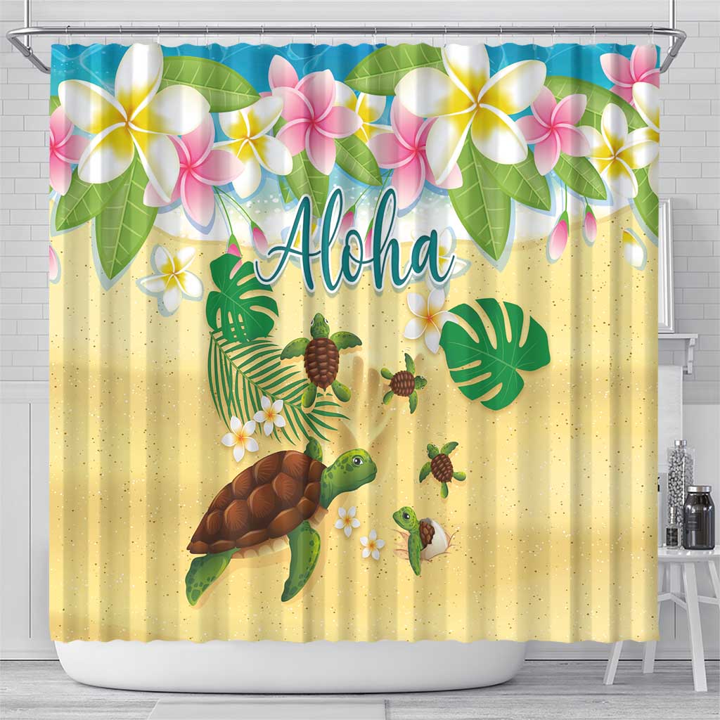 Aloha Turtle Family on The Beach Shower Curtain with Hawaiian Colorful Plumeria LT03 - Polynesian Pride