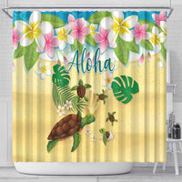 Aloha Turtle Family on The Beach Shower Curtain with Hawaiian Colorful Plumeria LT03 - Polynesian Pride