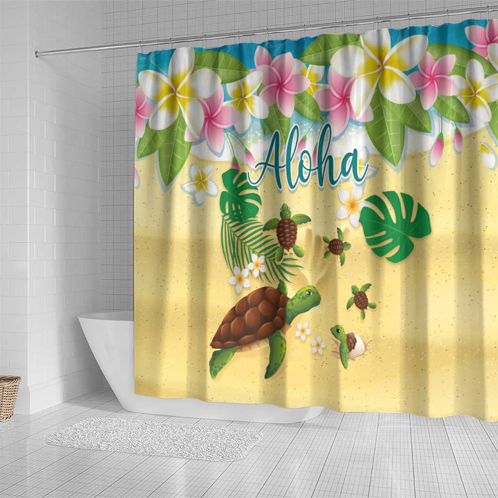 Aloha Turtle Family on The Beach Shower Curtain with Hawaiian Colorful Plumeria LT03 - Polynesian Pride