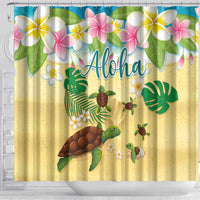 Aloha Turtle Family on The Beach Shower Curtain with Hawaiian Colorful Plumeria LT03 - Polynesian Pride