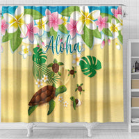 Aloha Turtle Family on The Beach Shower Curtain with Hawaiian Colorful Plumeria LT03 - Polynesian Pride