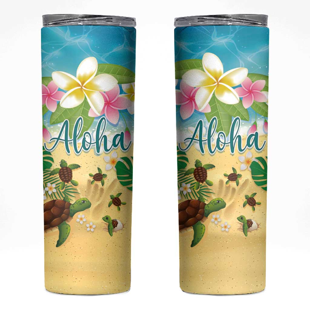 Hawaii Aloha Turtle Family on The Beach with Colorful Tropical Flowers Skinny Tumbler LT03 Beige - Polynesian Pride