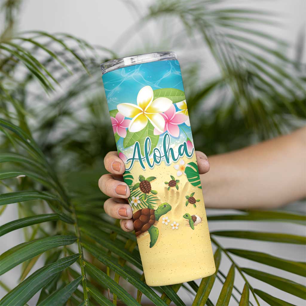 Hawaii Aloha Turtle Family on The Beach with Colorful Tropical Flowers Skinny Tumbler LT03 - Polynesian Pride