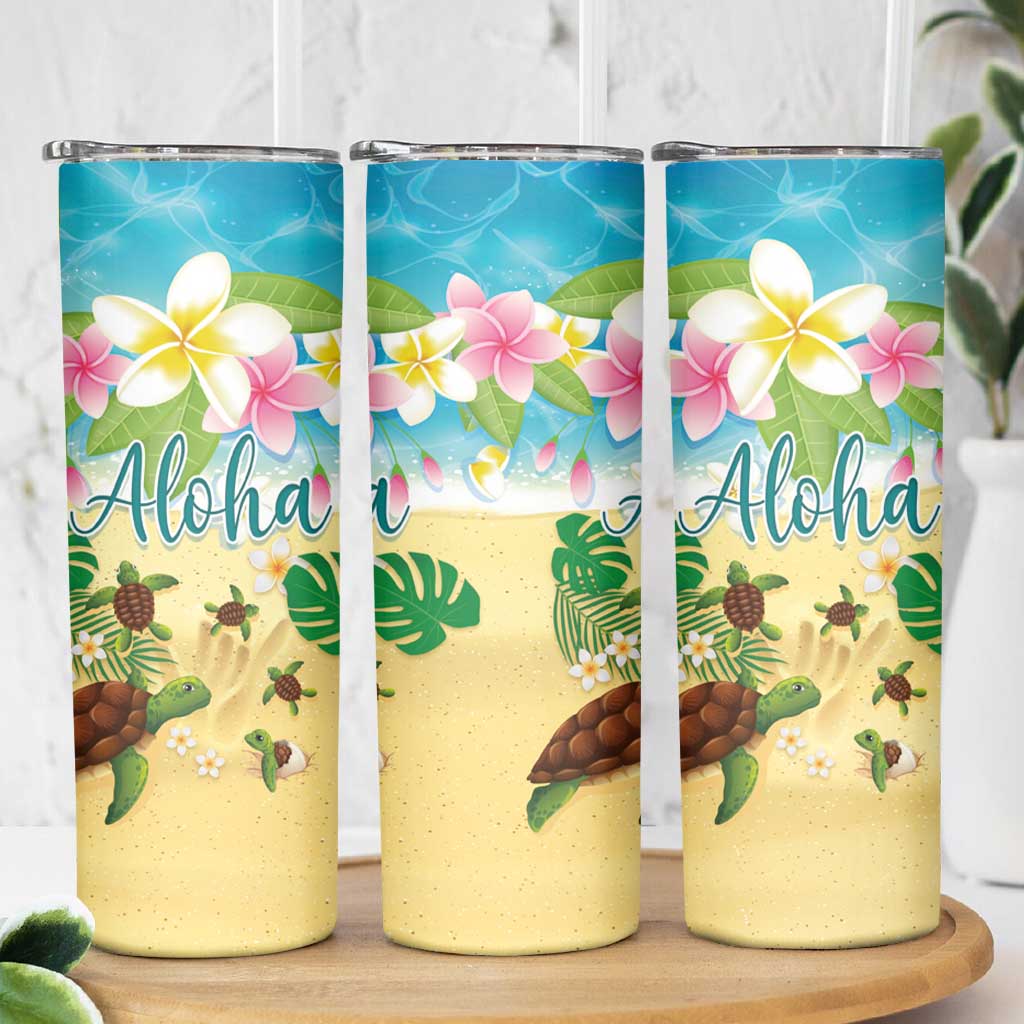 Hawaii Aloha Turtle Family on The Beach with Colorful Tropical Flowers Skinny Tumbler LT03 - Polynesian Pride