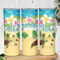 Hawaii Aloha Turtle Family on The Beach with Colorful Tropical Flowers Skinny Tumbler LT03 - Polynesian Pride