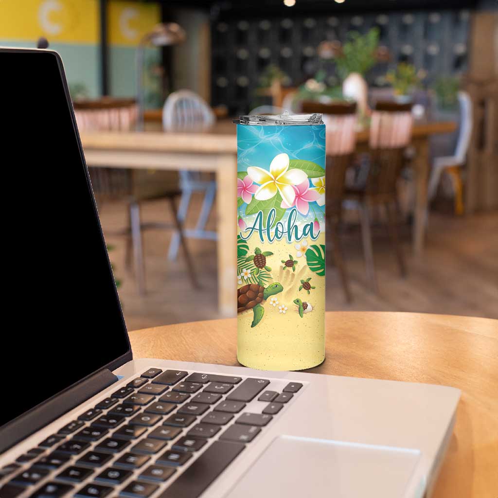 Hawaii Aloha Turtle Family on The Beach with Colorful Tropical Flowers Skinny Tumbler LT03 - Polynesian Pride