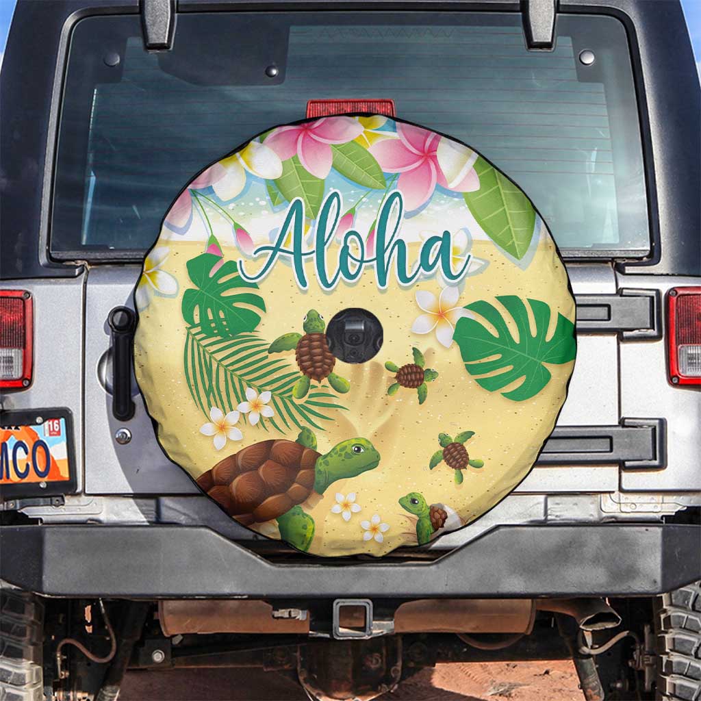 Aloha Turtle Family on The Beach Spare Tire Cover with Hawaiian Colorful Plumeria LT03 Beige - Polynesian Pride