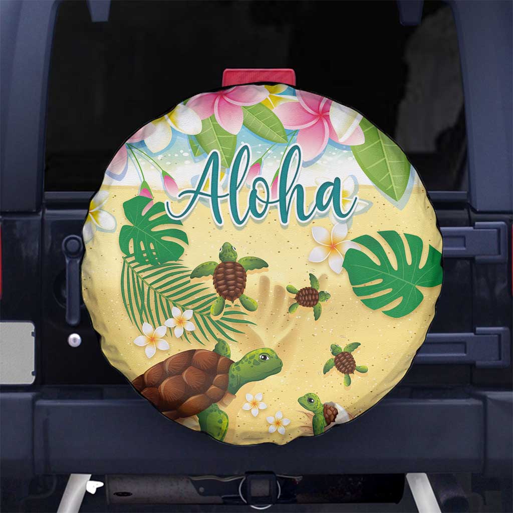 Aloha Turtle Family on The Beach Spare Tire Cover with Hawaiian Colorful Plumeria LT03 - Polynesian Pride