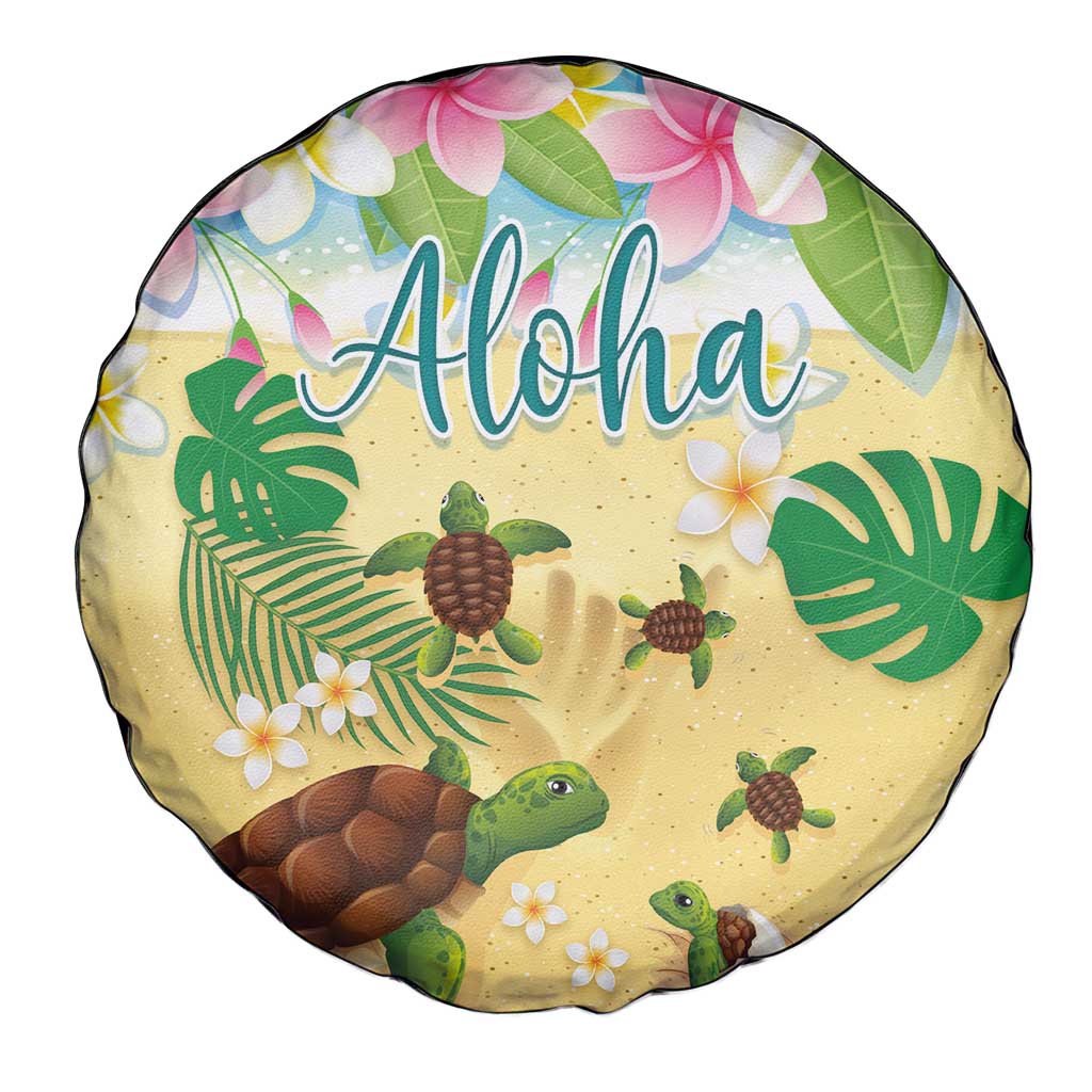 Aloha Turtle Family on The Beach Spare Tire Cover with Hawaiian Colorful Plumeria LT03 - Polynesian Pride