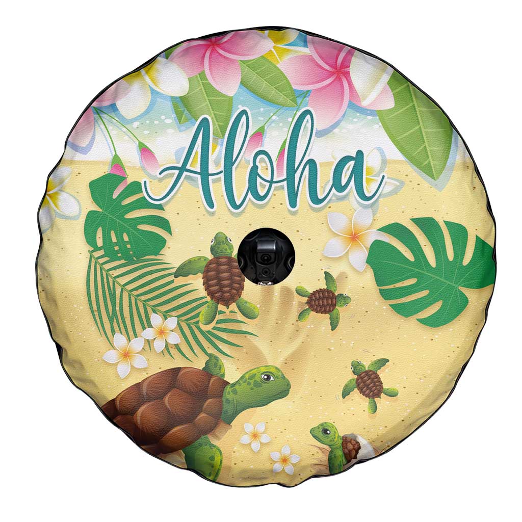 Aloha Turtle Family on The Beach Spare Tire Cover with Hawaiian Colorful Plumeria LT03 - Polynesian Pride
