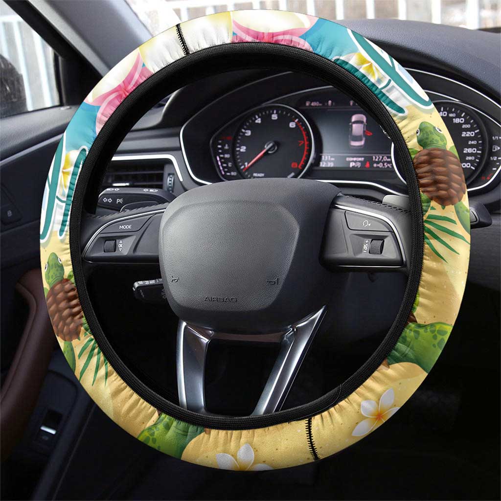 Aloha Turtle Family on The Beach Steering Wheel Cover with Hawaiian Colorful Plumeria LT03 - Polynesian Pride