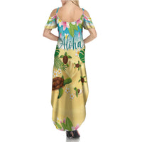 Aloha Turtle Family on The Beach Summer Maxi Dress with Hawaiian Colorful Plumeria