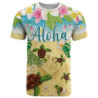 Aloha Turtle Family on The Beach T Shirt with Hawaiian Colorful Plumeria LT03 Beige - Polynesian Pride