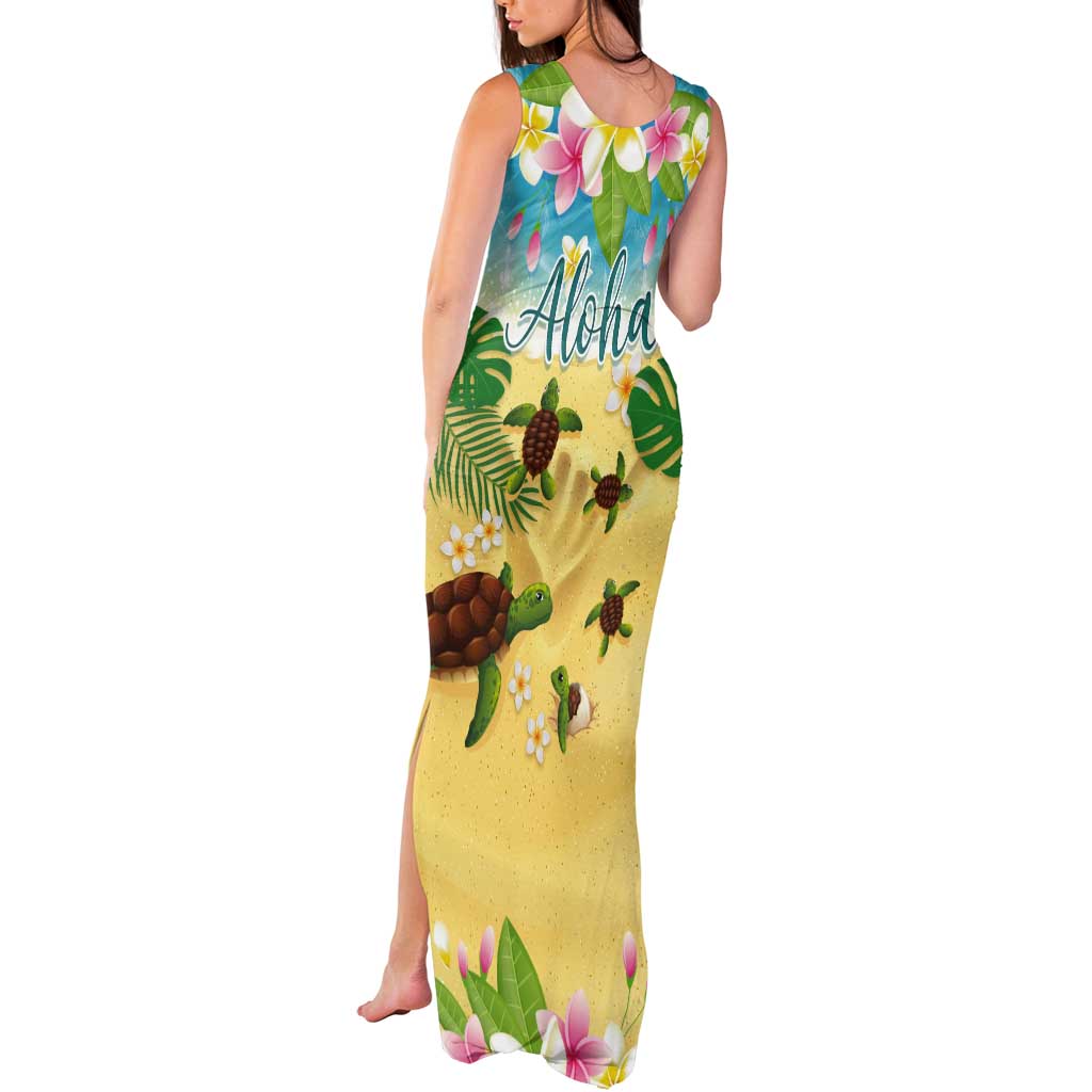 Aloha Turtle Family on The Beach Tank Maxi Dress with Hawaiian Colorful Plumeria LT03 - Polynesian Pride